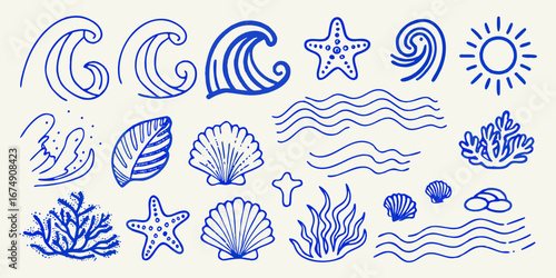 Collection of blue line art ocean and beach elements including waves starfish shells coral and sun