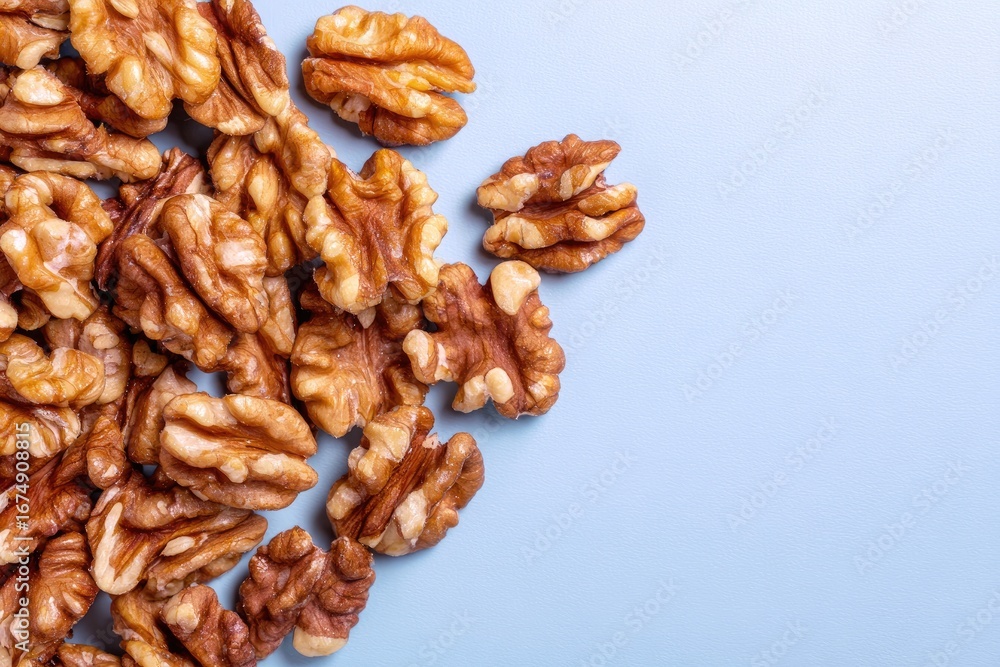 Obraz premium Shelled walnuts scattered on a light lavender surface