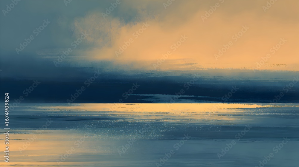 Fototapeta premium Minimal abstract seascape at golden sunrise with misty clouds and reflective water, horizontal painterly ocean horizon in deep blue and warm amber tones, tranquil modern background.