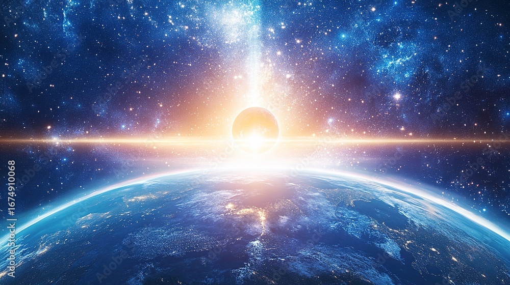 Obraz premium Earth with Sunrise and Starry Sky Universe Space Sci - fi Scene Material