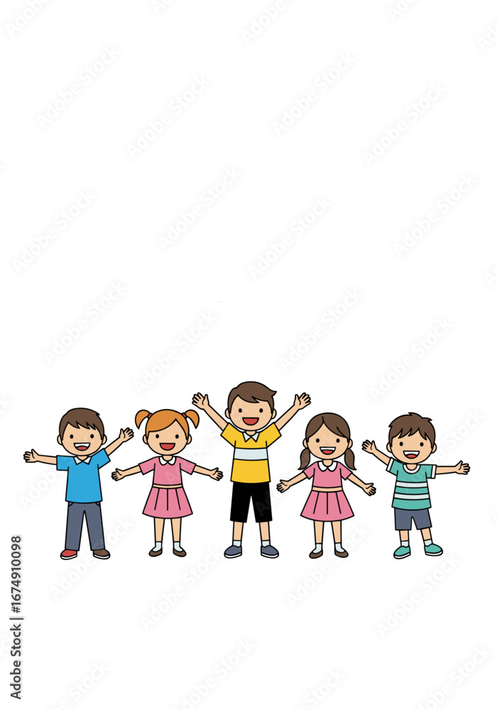 Fototapeta premium Joyful diverse children with arms open wide celebrating togetherness in vibrant cartoon style