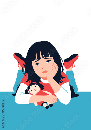 Sad little girl crying holding a doll, feeling lonely and unhappy in a simple, modern illustration