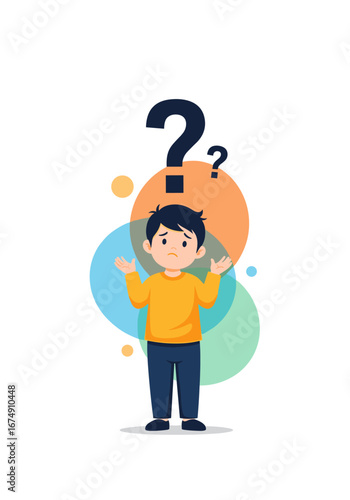 Confused child shrugging with question marks overhead, seeking answers or solutions
