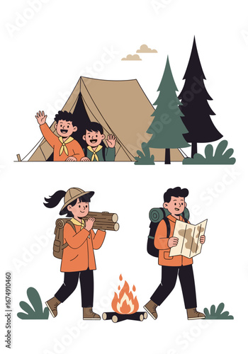 Happy campers wave from tent while others gather wood for campfire with map in woods