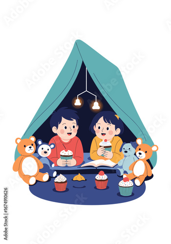Joyful children enjoy sweet cupcakes and story time inside a cozy tent with plush friends