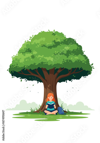 Young girl happily reading book under large tree enjoying peaceful outdoor learning experience
