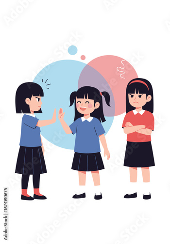 Children navigating social dynamics with differing emotional expressions, conveying conflict and friendship.
