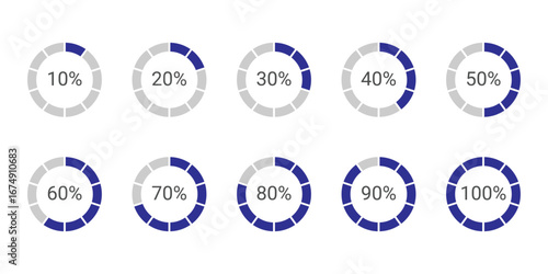 Infographic circle with percentage 0 to 100 loading progress interface in blue color vector design. 5 10 15 20 25 30 35 40 45 50 55 60 65 70 75 80 85 90 95 percent loading circle collection.