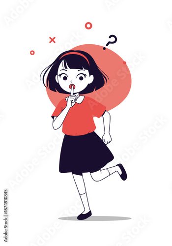 Curious girl with finger to lips, asking for silence or sharing a secret, playful pose