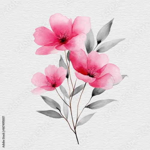 Delicate watercolor bouquet of three pink flowers with gray leaves