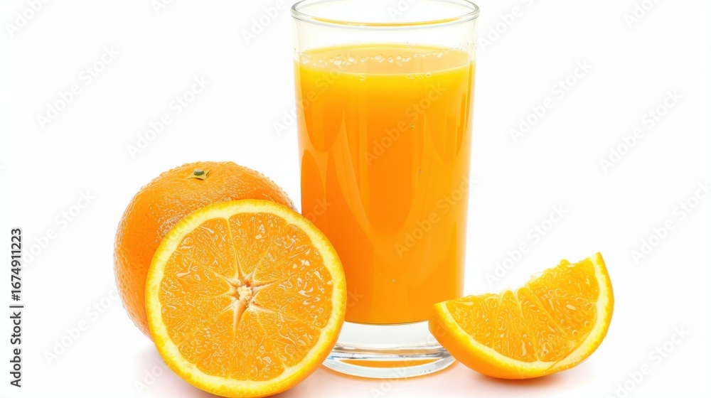 Bright Summer Beverage Close-Up: Fresh Orange Juice in Cup with White Background & Organic Oranges Bright Summer Beverage Close-Up: Fresh Orange Juice in Cup with White Background & Organic Oranges