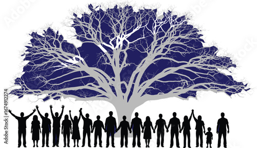 Large Family Silhouette Standing Together Under Big Tree – Generations, Unity, Heritage, and Community Concept Vector Illustration on White Background
