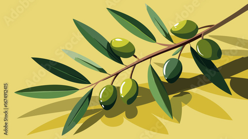A simple, graphic illustration of a single olive branch with green olives and leaves, casting a long shadow against a yellow background, symbolizing peace and the Mediterranean.