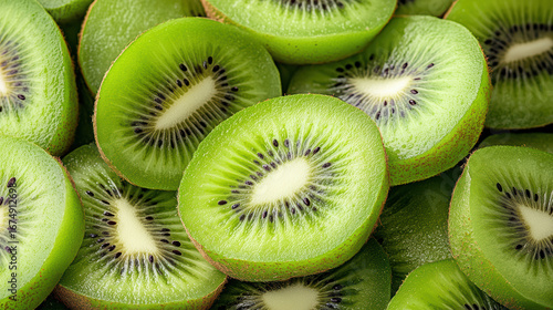 Fresh kiwi slices display vibrant green color and unique seed patterns, creating appetizing look