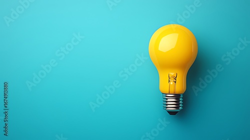Unlit Bright Yellow Light Bulb (with Clear Glass Filament) on Right of Solid Cyan Background, Clean Minimal Style
