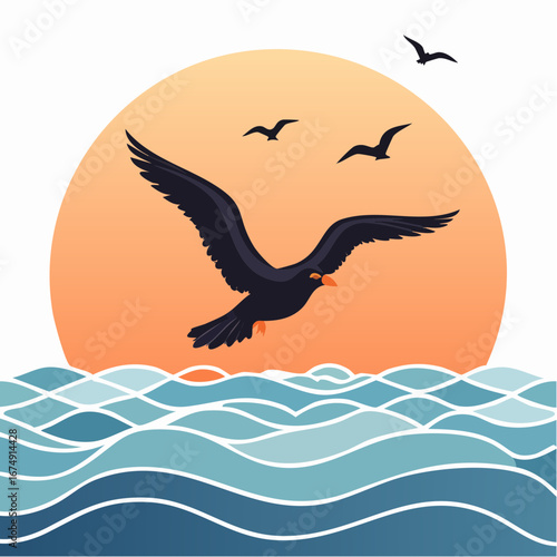 A stylized illustration depicting a seagull soaring over ocean waves with a rising sun.