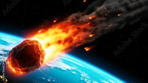 A dramatic illustration of a large, fiery asteroid entering Earth's atmosphere on a collision course.