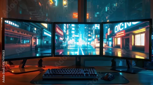 Wallpaper Mural Urban Night Scene with Triple Monitor Setup in Dimly Lit Room with ai generated Torontodigital.ca