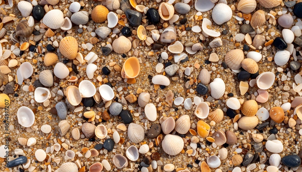 Rich Beach Texture: Overhead View of Diverse Seashells & Smooth Pebbles Scattered on Golden Sand Rich Beach Texture: Overhead View of Diverse Seashells & Smooth Pebbles Scattered on Golden Sand