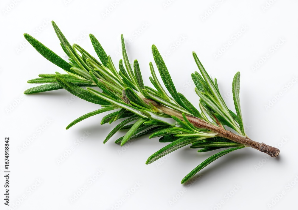 Fototapeta premium Fresh rosemary sprig, vibrant green leaves on a white background