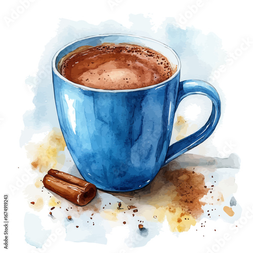 Hot Cocoa Mug, watercolor drawing vector, isolated on a white background.
