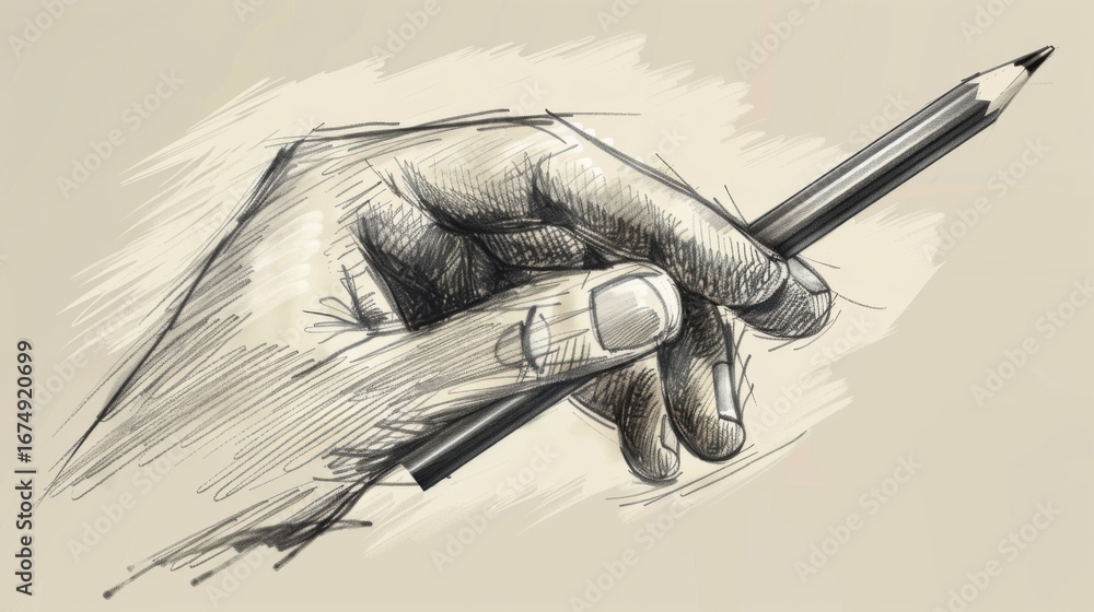 Naklejka premium Black and White Art Creation: Artist’s Finger Holding Crayon to Draw Vector Outline