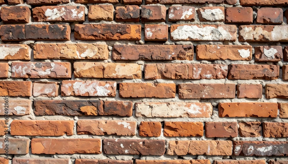 Obraz premium Weathered Red Brick Wall Texture Background. Close-up of rustic, aged brickwork with visible mortar, chipped paint, and natural imperfections, showcasing vintage detail.