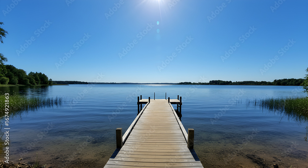 Naklejka premium Serene Wooden Pier on Calm Lake Under Bright Blue Sky. Sunny Summer Day Landscape with Clear Water and Distant Horizon