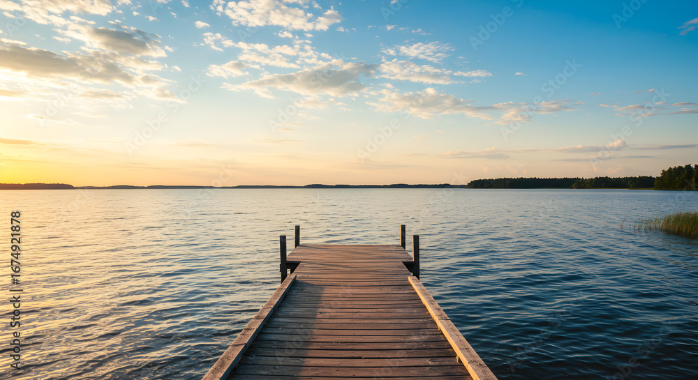 Fototapeta premium Peaceful Wooden Pier on Calm Lake at Golden Hour. Tranquil Nature Landscape with Blue Sky and Clouds.