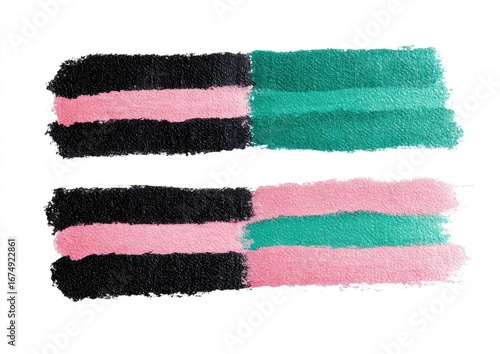 Two parallel brushstrokes, black, pink, teal