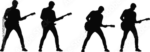 Silhouette of male guitarists playing electric guitar on stage in performance poses for rock concert vector illustration design artSilhouette of male guitarists playing electric guitar