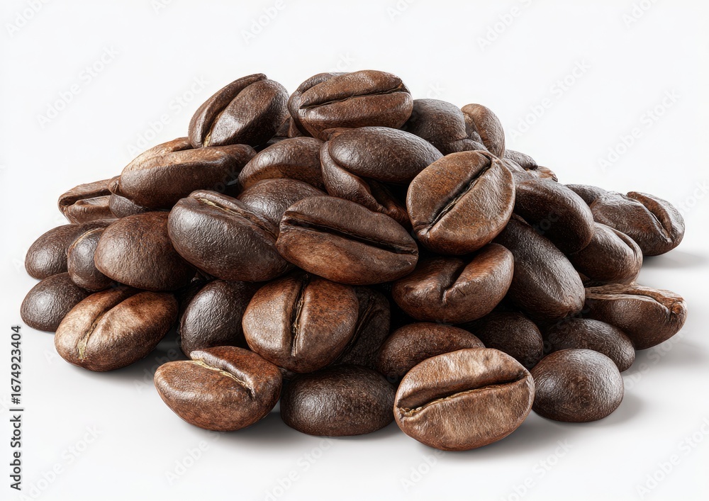 Obraz premium Roasted coffee beans piled high on white background