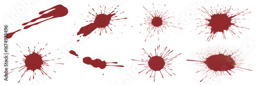Collection of red ink splatters and drops isolated on a transparent background