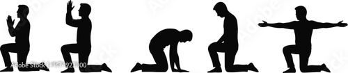 Silhouette of man in various kneeling poses expressing prayer, meditation, surrender, strength, and freedom in spiritual and emotional vector illustration