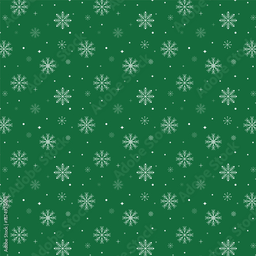 Christmas snowflake repeat pattern isolated on green background. Seamless pattern of white snowflakes.Winter vector wallpaper.