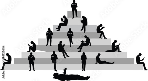 Silhouette of people reading books on pyramid steps, symbolizing education, knowledge, and learning growth in layered vector illustration