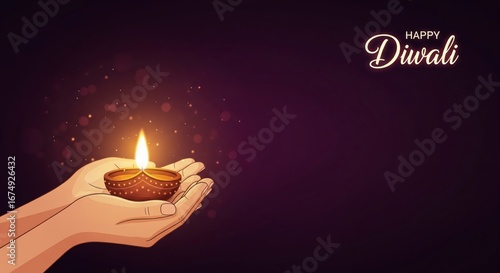 A person's hands holding a glowing Diya lamp against a dark, sparkling background. A festive greeting card for Diwali, the Hindu festival of lights.


