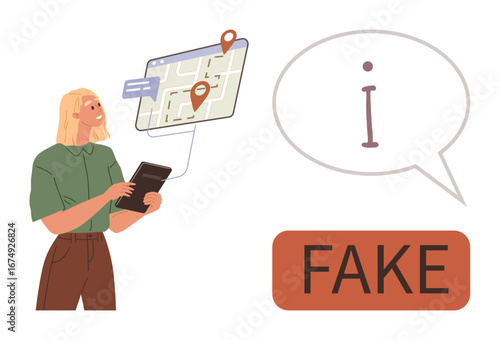 Young woman analyzing map on tablet with location pins and speech bubble highlighting fake information. Ideal for navigation, misinformation, digital literacy, alertness, awareness, critical