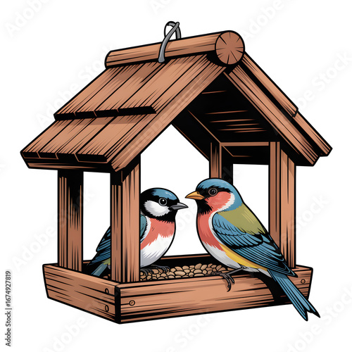 Colorful Birds Visit a Rustic Wooden Bird Feeder Under a Bright Blue Sky During a Sunny Afternoon