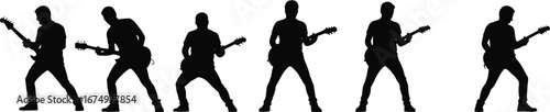 Silhouette of Rock Guitarist Playing Electric Guitar in Different Dynamic Poses, Music Performance, Live Rock Band Concert Vector Illustration