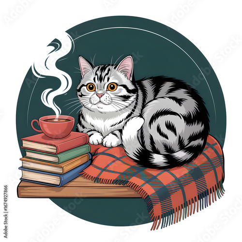 Cozy Cat Curled up With Books and a Warm Cup in a Serene Home Corner