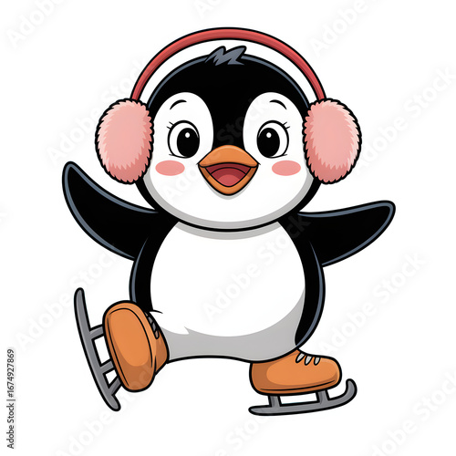 Happy Cartoon Penguin Ice Skating in Winter Gear with Pink Earmuffs