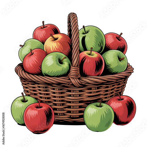 Wicker Basket Filled with Red and Green Apples in Rustic Harvest Style