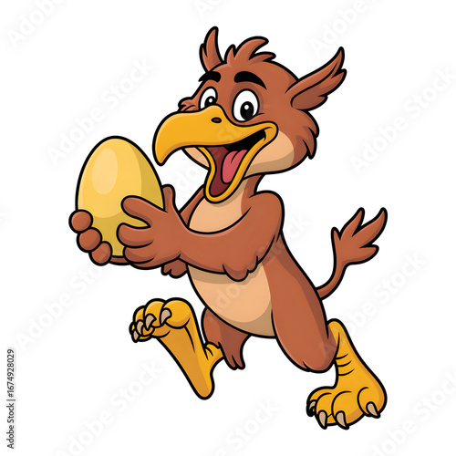 Happy Cartoon Bird Character Holding Large Shiny Golden Egg with Excitement