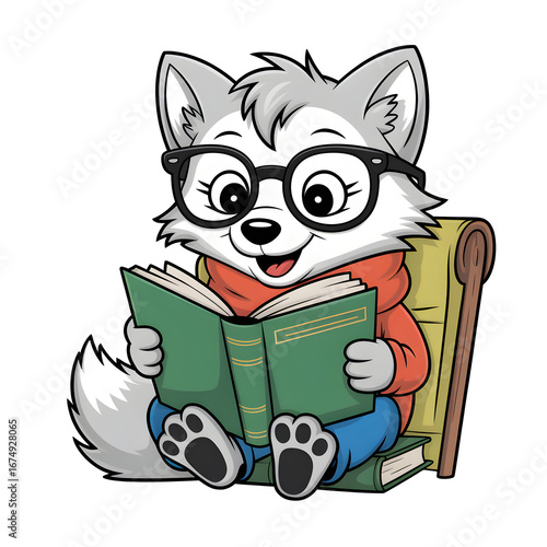 Cute Cartoon Fox Reading a Book While Sitting on a Stack of Books