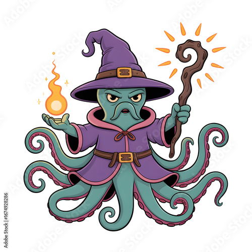 Fantasy Octopus Wizard Holding Fireball and Magical Staff in Purple Robe