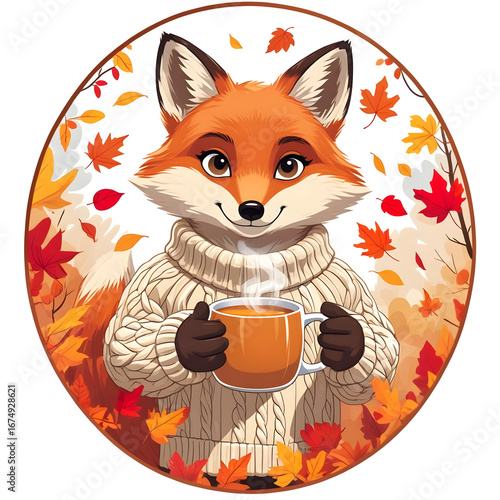 Charming Fox Enjoying a Cozy Moment With Warm Drink Amid Autumn Leaves
