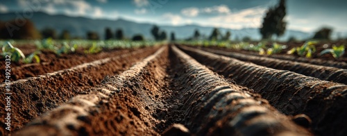 Close-up of plowed field rows with emerging plants