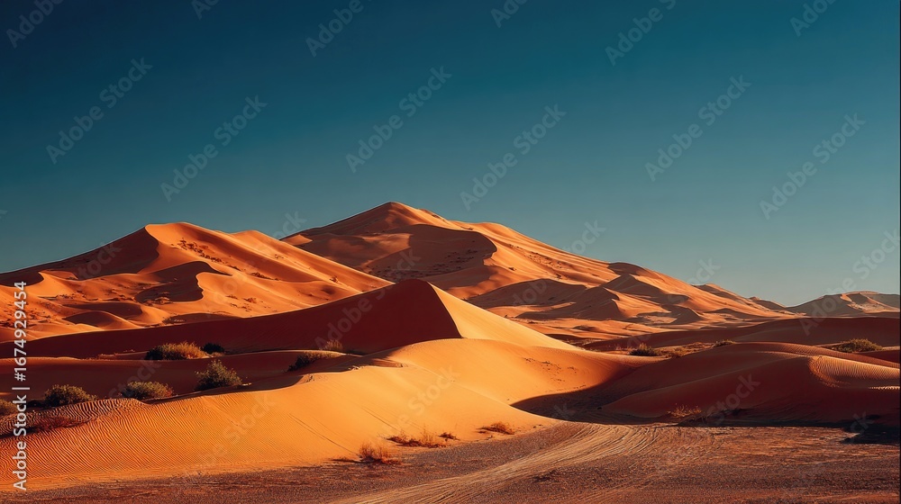 Naklejka premium Vast ochre dunes under a vibrant sky