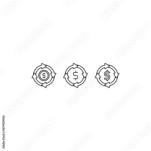 Three circular money icons with arrows indicating exchange cycle. Suitable for finance, banking, investment concepts in presentations, websites, and social media posts.
